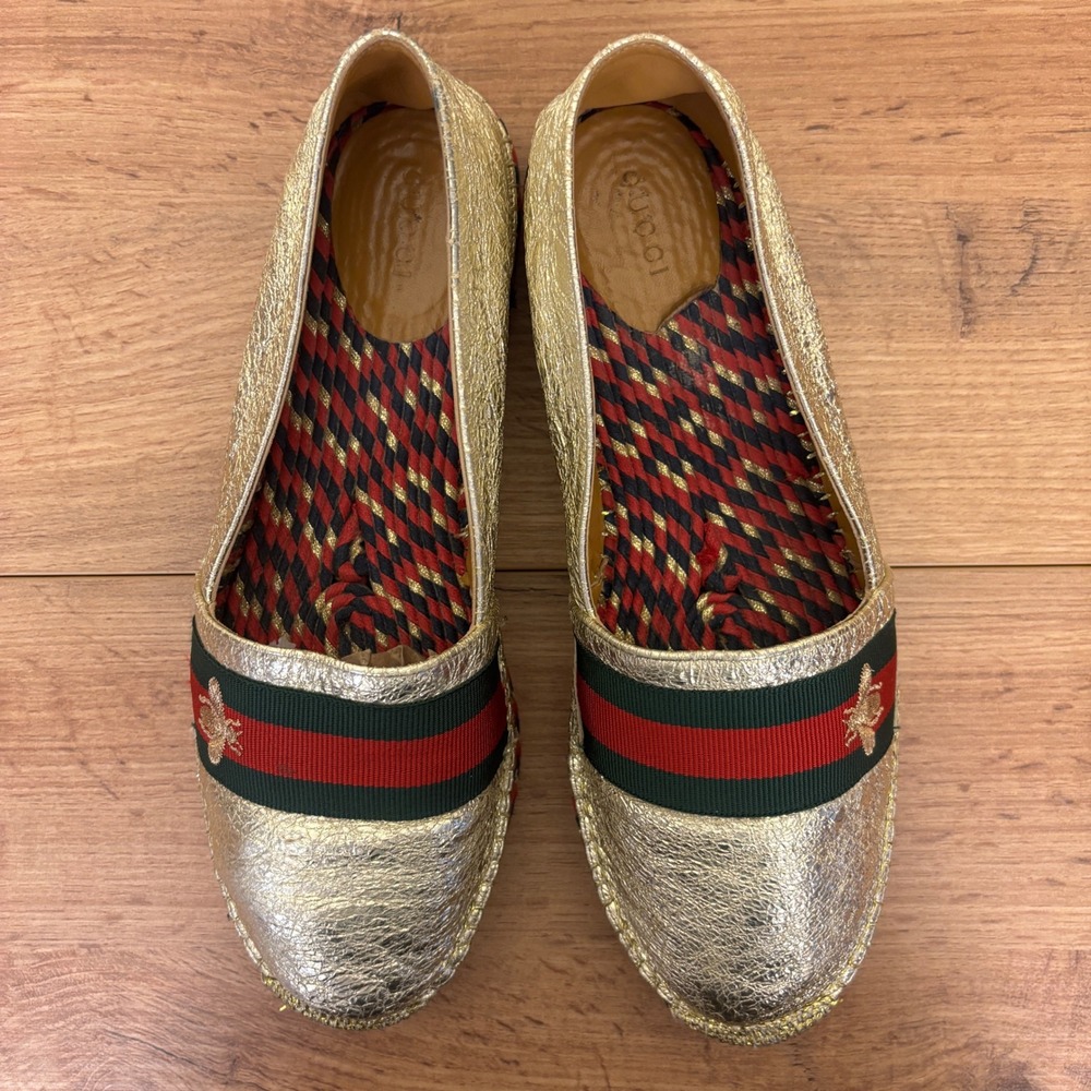 GUCCI Crinkled Leather Web Pilar Bee Espadrille Flat Gold Women Size 40 Slip On - Picture 7 of 14
